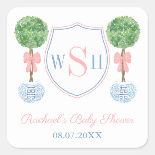 Classic Boxwood Monogram Crest Baby Shower Favour Square Sticker