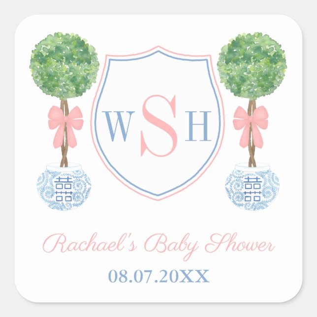 Classic Boxwood Monogram Crest Baby Shower Favour Square Sticker (Front)