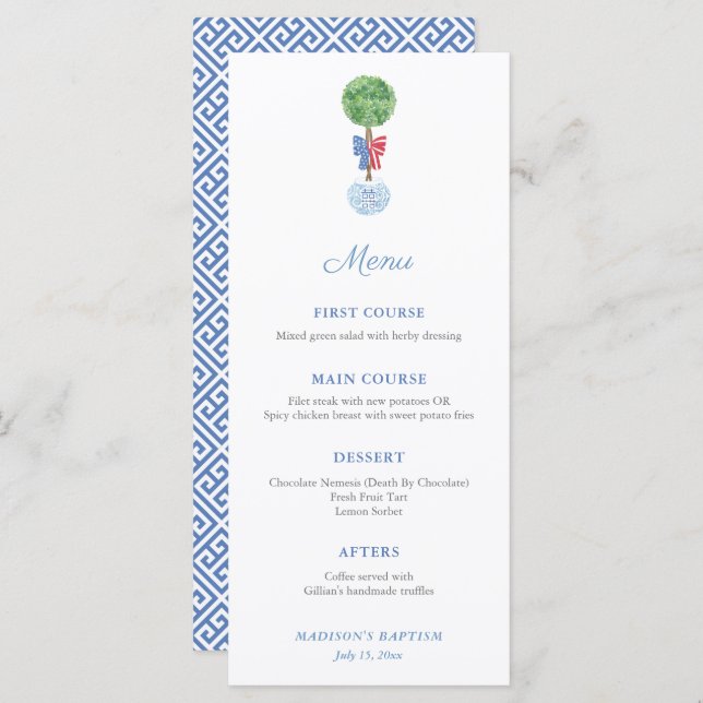Classic Boxwood Topiary Red White Blue Party Menu (Front/Back)