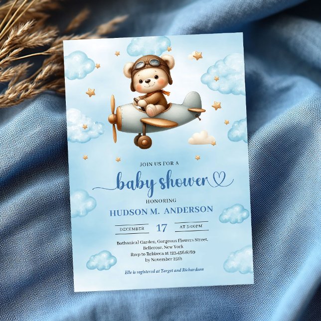 Classic Boy Shower Teddy Bear Pilot Blue Brown Invitation (Classic Boy Shower Invite Teddy Bear Pilot Blue Brown

)