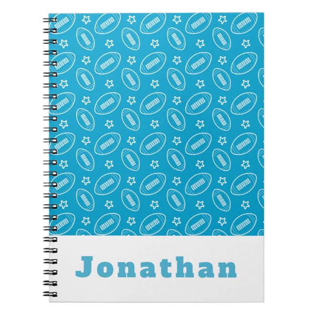 Classic Boys Blue Football Star Ball Pattern Name Notebook (Front)