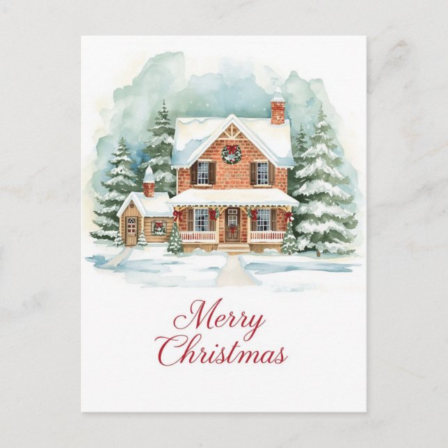 Classic Brick Home in Snowy Christmas Setting Holiday Postcard (Front)
