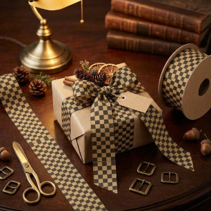 Classic Brown and Beige Chequerboard Satin Ribbon