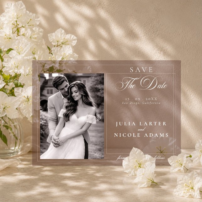 Classic Brown Calligraphy Photo Save The Date Acrylic Invitations (Creator Uploaded)