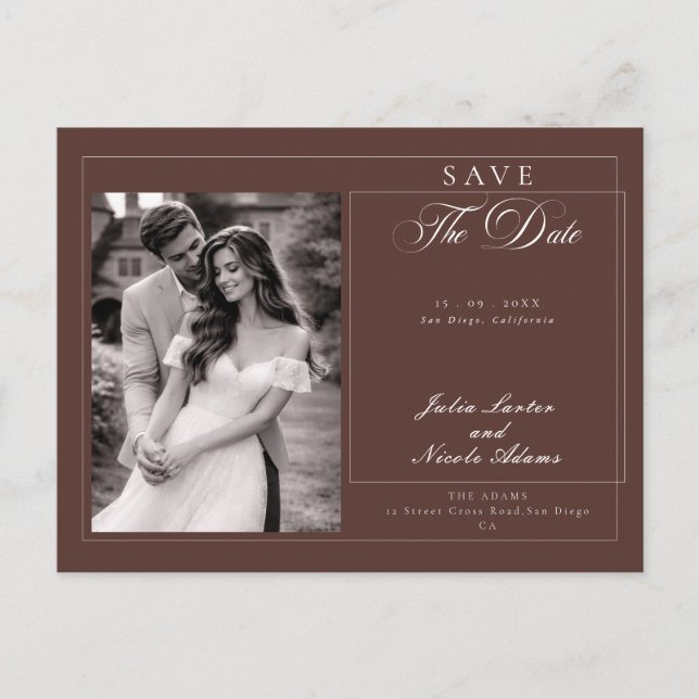 Classic Brown Calligraphy Photo Save The Date Postcard (Front)