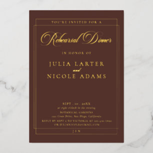 Classic Brown Gold Calligraphy Rehearsal Dinner