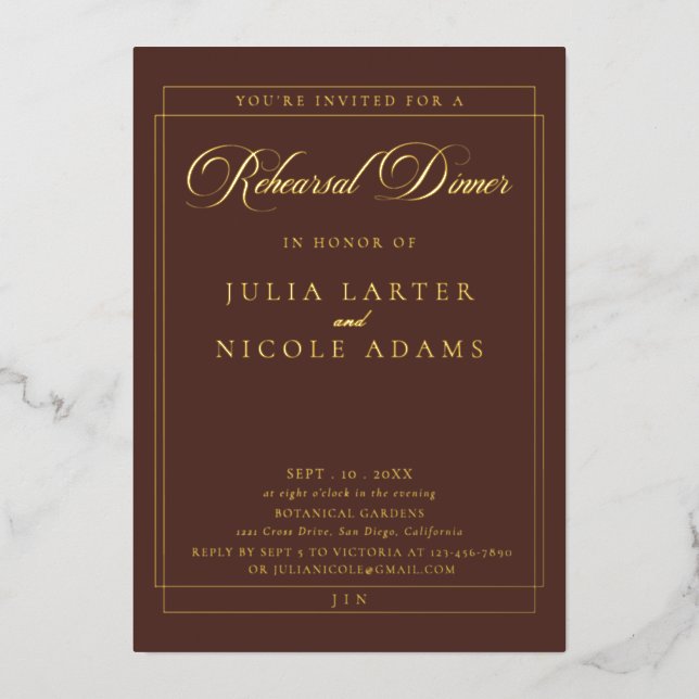 Classic Brown Gold Calligraphy Rehearsal Dinner (Front)