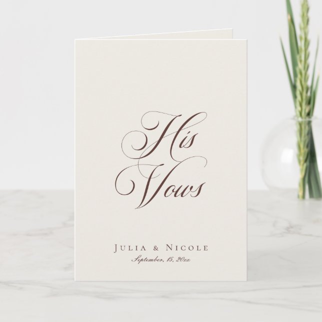 Classic Brown Ivory Calligraphy Wedding His Vows Card (Front)