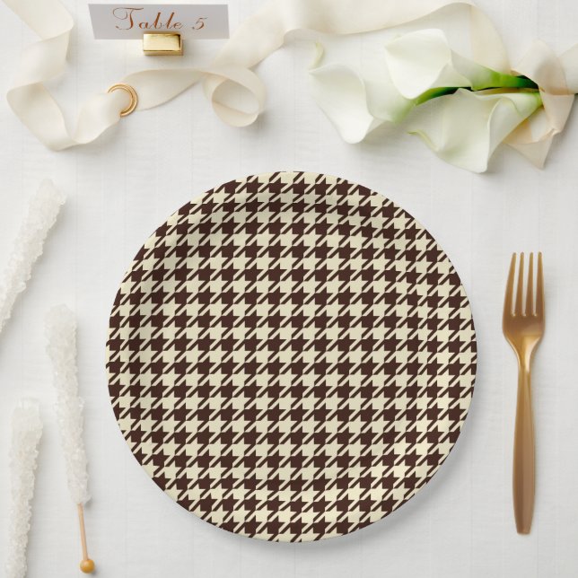 Classic Brown Ivory Pepita Houndstooth Pattern    Paper Plate (Wedding)
