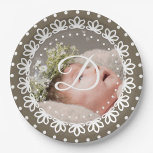 Classic brown monogram photo birthday party paper plate