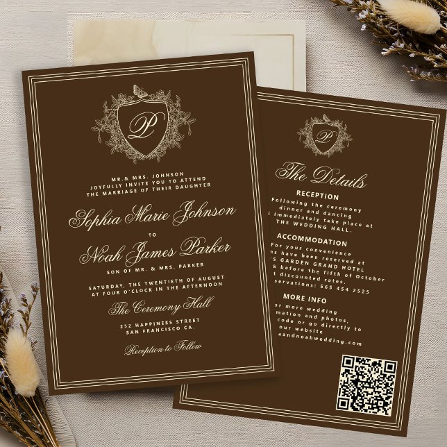 Classic brown QR code formal monogram wedding  Invitation (Creator Uploaded)
