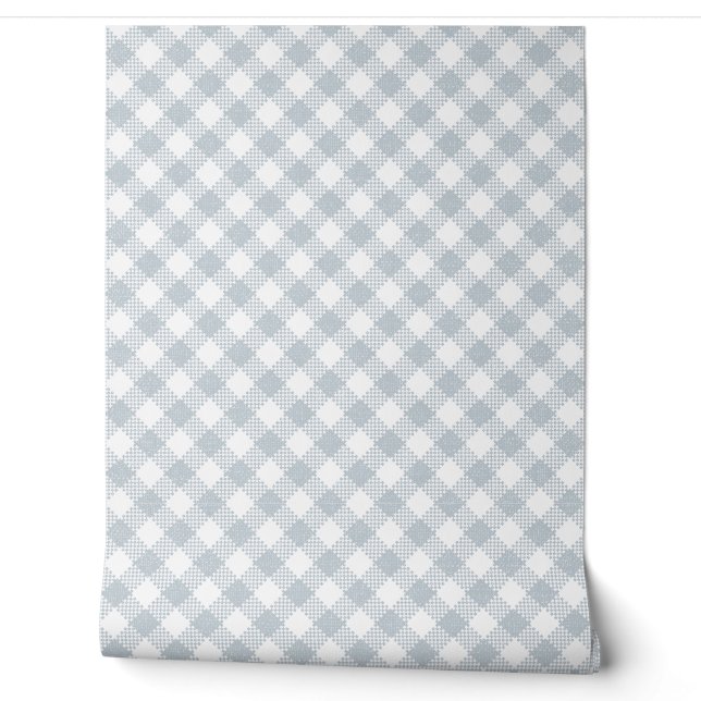 Classic Buffalo Check Plaid White n Dusty Blue Wallpaper (Unrolling)