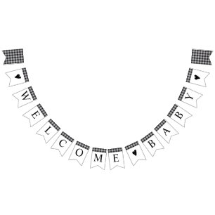 Classic Buffalo Plaid Black White Baby Shower Bunting Flags