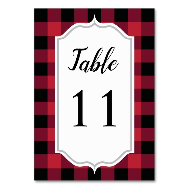 Classic Buffalo Plaid Check Black Red Wedding Table Number (Front)