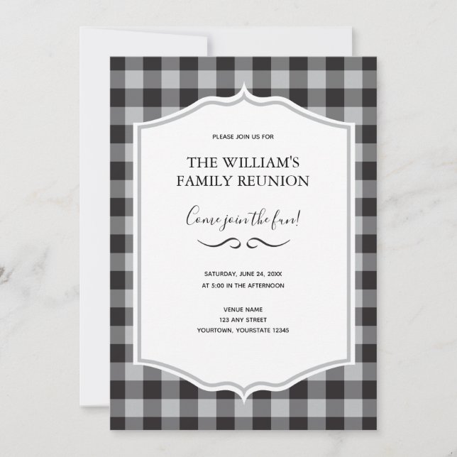 Classic Buffalo Plaid Check Black White Event Invitation (Front)