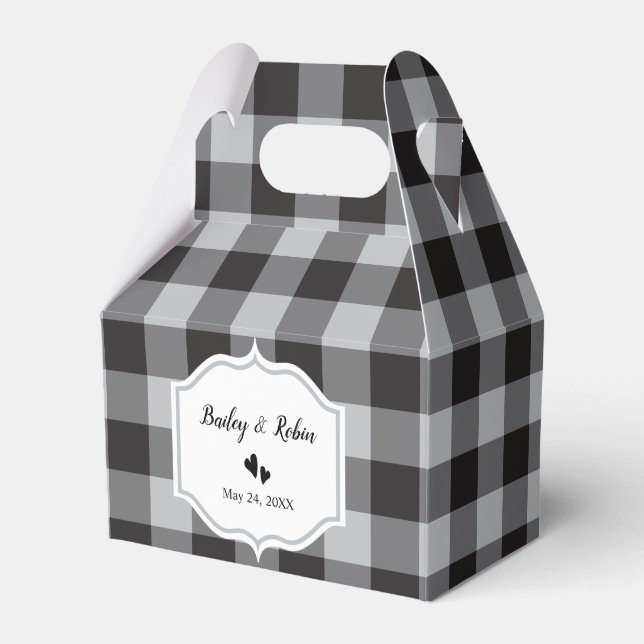 Classic Buffalo Plaid Check Black White Wedding Favor Box (Front Side)
