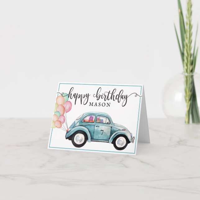 Classic Bug | Blue Car with Balloons | Birthday Card (Front)