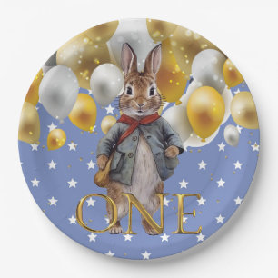 Classic Bunny in blue jacket First Birthday Paper Plate