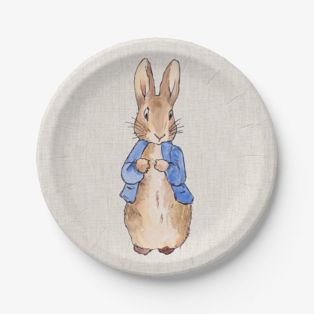 Classic Bunny Rabbit Beige Linen Background Paper Plate (Front)