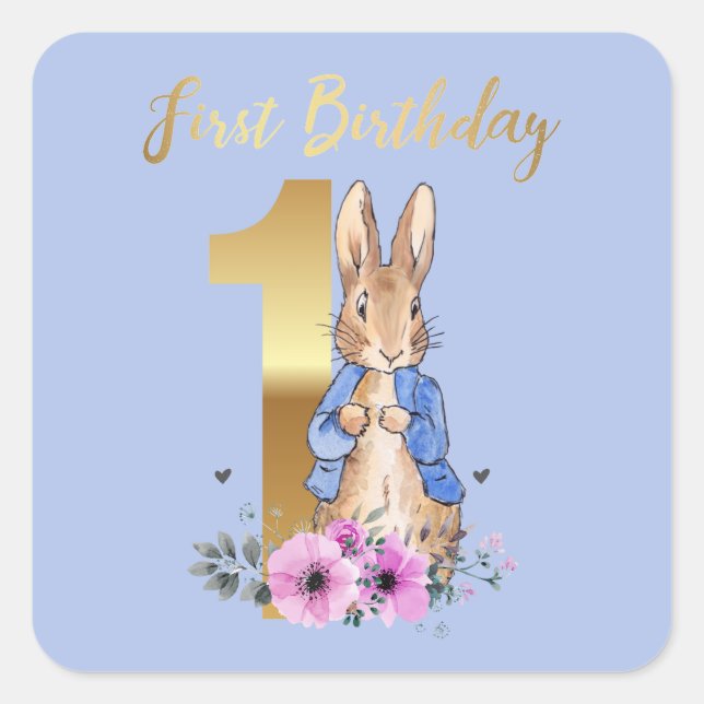 Classic bunny rabbit first birthday square sticker (Front)