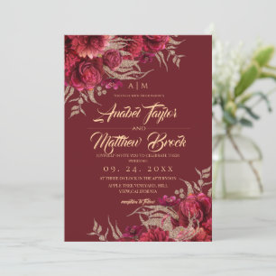 Classic Burgundy and Black Gold Floral Wedding Invitation