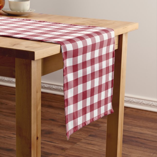 Classic Burgundy and White Gingham Check Pattern Short Table Runner (In Situ)