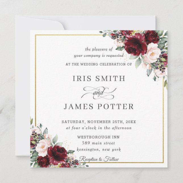 Classic Burgundy Blush Floral Gold Wedding Square Invitation (Front)