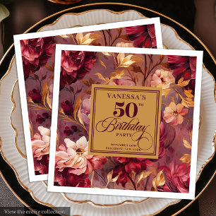 Classic Burgundy Blush Gold Floral 50th Birthday  Napkin
