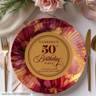 Classic Burgundy Blush Gold Flowers 50th Birthday  Paper Plate