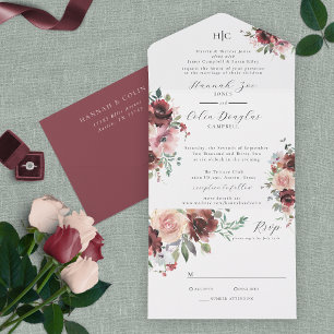 Classic Burgundy Blush Rose & Peony All In One Inv Invitation