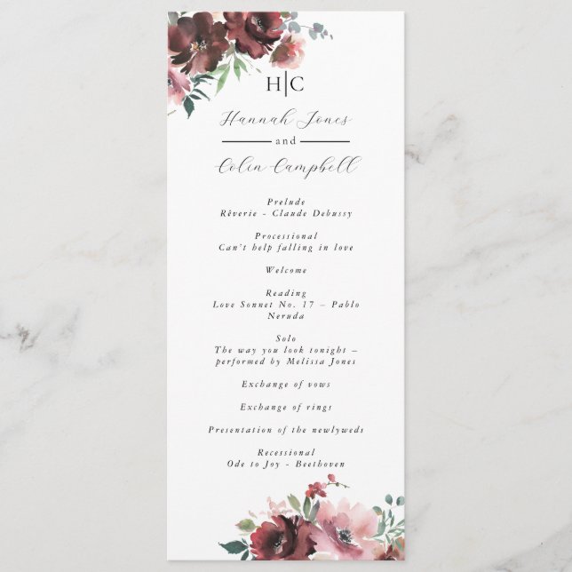 Classic Burgundy Blush Rose & Peony Program (Front)