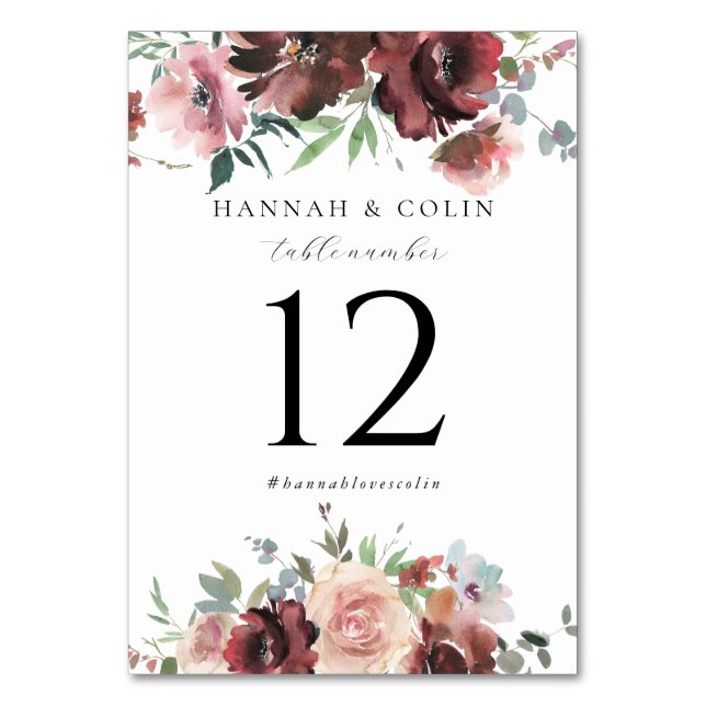 Classic Burgundy Blush Rose & Peony Table Number (Front)