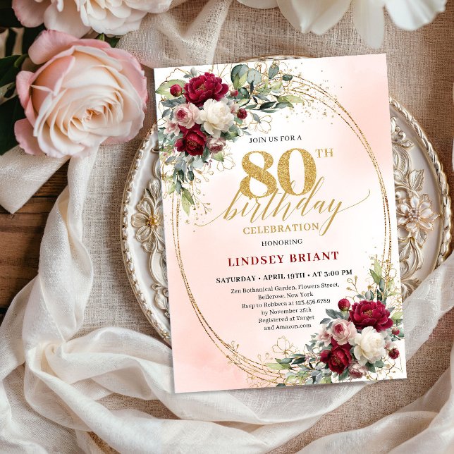 Classic Burgundy Boho Floral 80th Birthday Invite (Classic Burgundy Boho Floral 80th Birthday Invite)