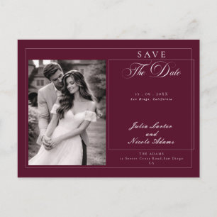Classic Burgundy Calligraphy Photo Save The Date Postcard