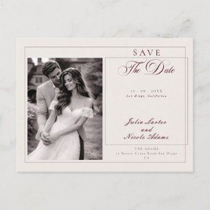 Classic Burgundy Calligraphy Photo Save The Date Postcard
