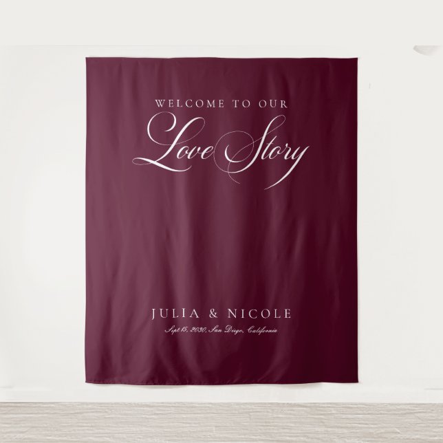 Classic Burgundy Calligraphy Wedding Backdrops Tapestry (Front)