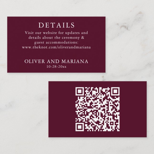 Classic Burgundy Details QR Code Wedding Enclosure Card (Front/Back)