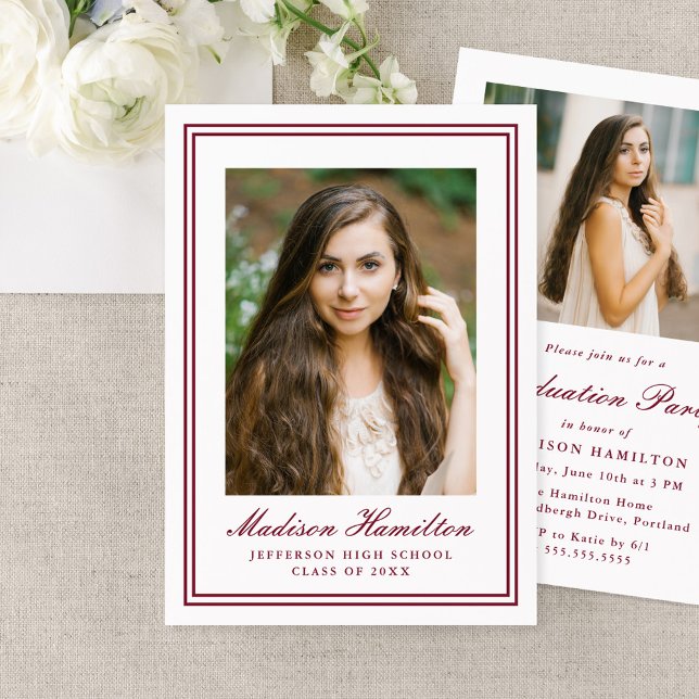 Classic Burgundy Double Border Photo Graduation Invitation (Creator Uploaded)