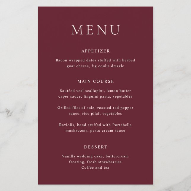 Classic Burgundy Elegant Budget Wedding Menu (Front)