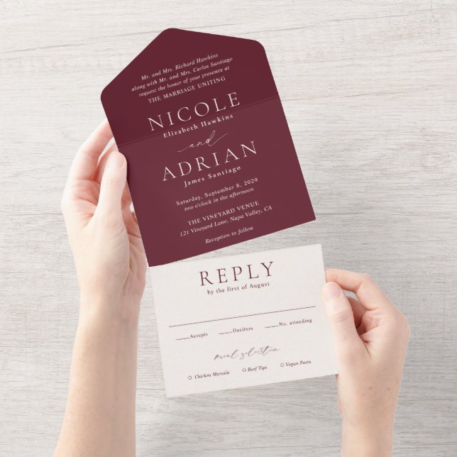 Classic Burgundy Elegant Wedding All In One Invitation (Tearaway)