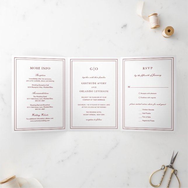 Classic Burgundy Elegant Wedding Tri-Fold Invitation (Inside)