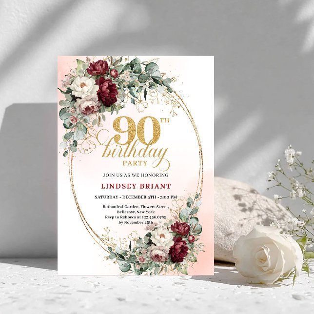 Classic Burgundy Floral Gold 90th Birthday Invite (Classic Burgundy Floral Gold 90th Birthday Invitation)