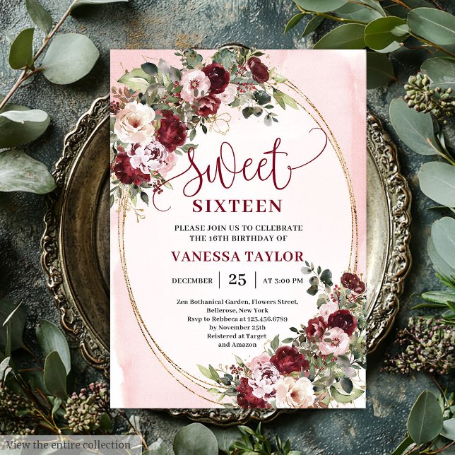 Classic Burgundy Floral Gold Sweet Sixteen Card (Classic Burgundy Floral Gold Sweet Sixteen Card)