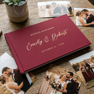 Classic Burgundy Gold Calligraphy Wedding Photo Guest Book