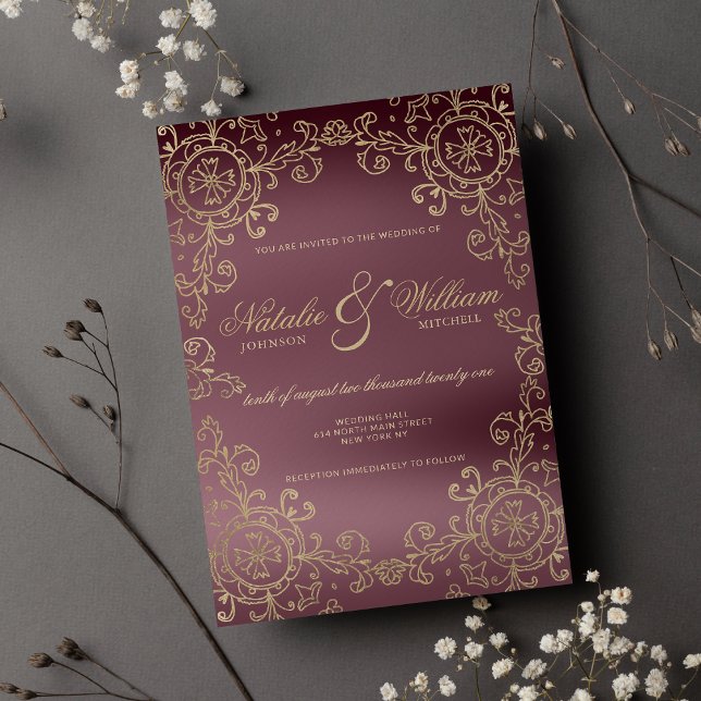 Classic burgundy gold floral ornament wedding invitation (Classic burgundy gold floral ornament wedding)