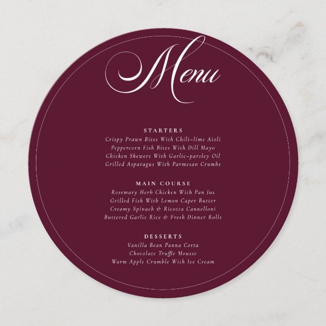 Classic Burgundy Ivory Calligraphy Wedding Menu (Front)