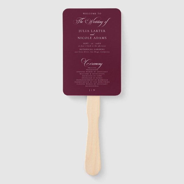 Classic Burgundy Ivory Calligraphy Wedding Program Hand Fan (Front)