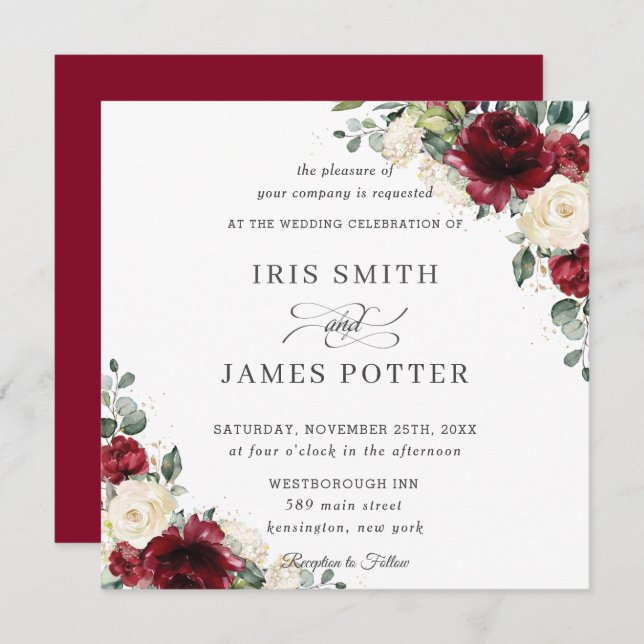 Classic Burgundy Ivory Floral Wedding Square Invitation (Front/Back)