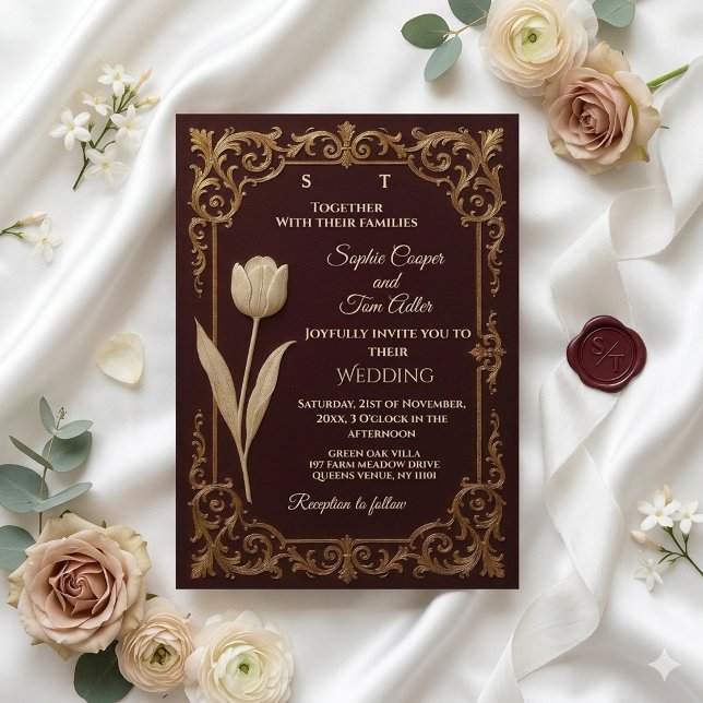 Classic Burgundy Ivory Gold Baroque Tulips Wedding Invitation (Classic Burgundy Ivory Gold Baroque Tulips Wedding Invitation)