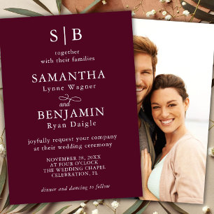 Classic Burgundy Monogram Photo Wedding Invitation